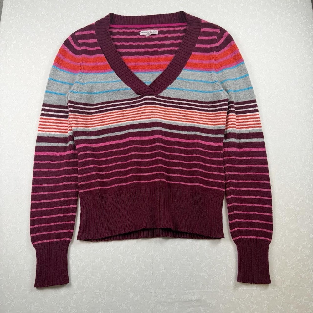 Vintage Aeropostale Striped V-Neck Sweater — Size XL 💗